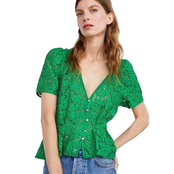 Zara Tops - Zara Lace Blouse Peplem Hem Rhinestone Button Short Sleeve Green Size Large NWT